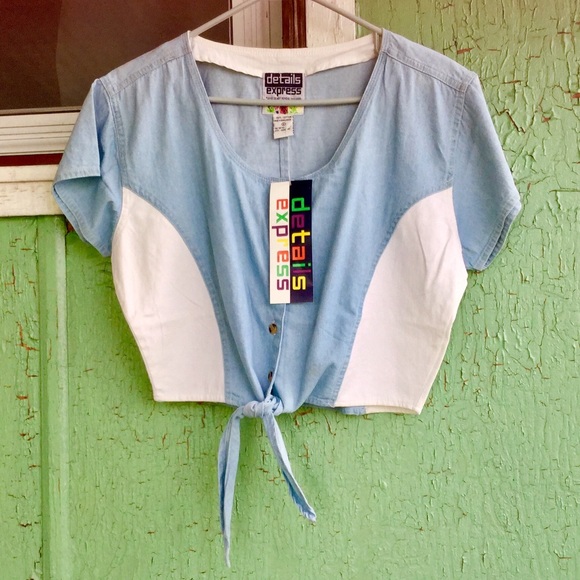Vintage Tops - VTG RAD 80s Blue Denim Colorblock Midriff Crop Top